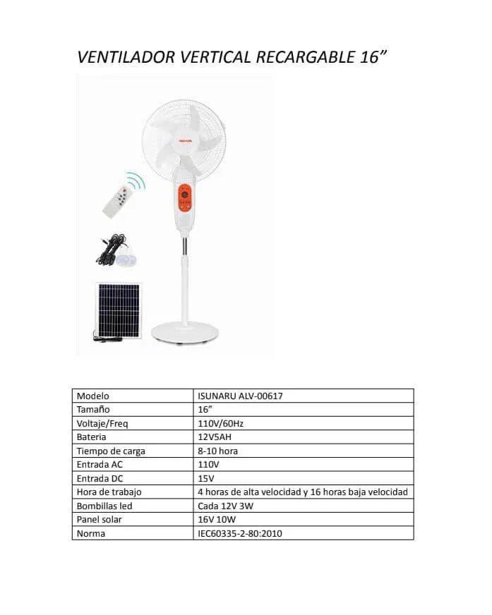 Ventilador Recargable "ISUNARU" 16" 110V/60Hz